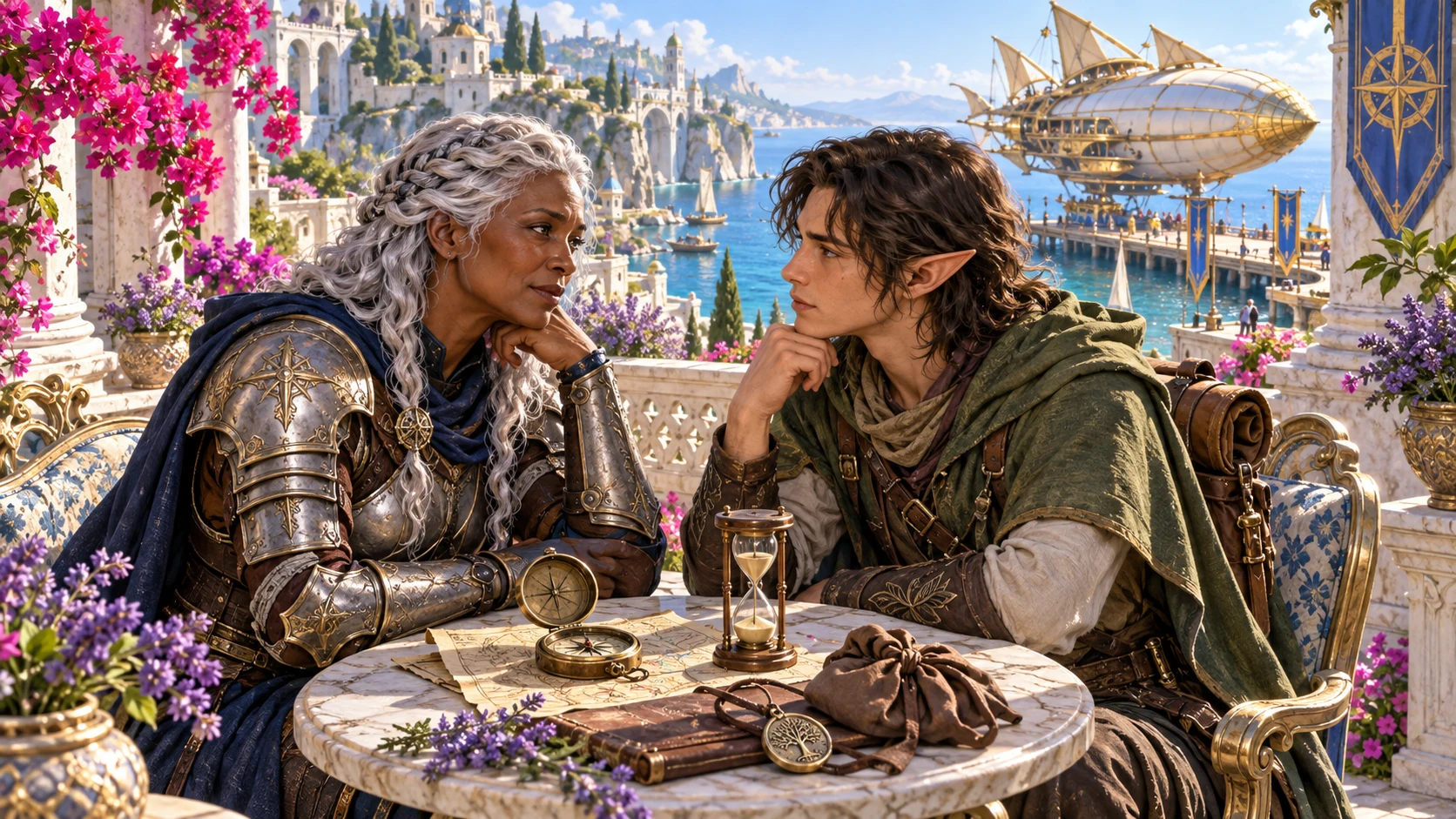 Two established fantasy companions sit with a compass and hourglass on a harbour terrace as an airship waits beyond them.