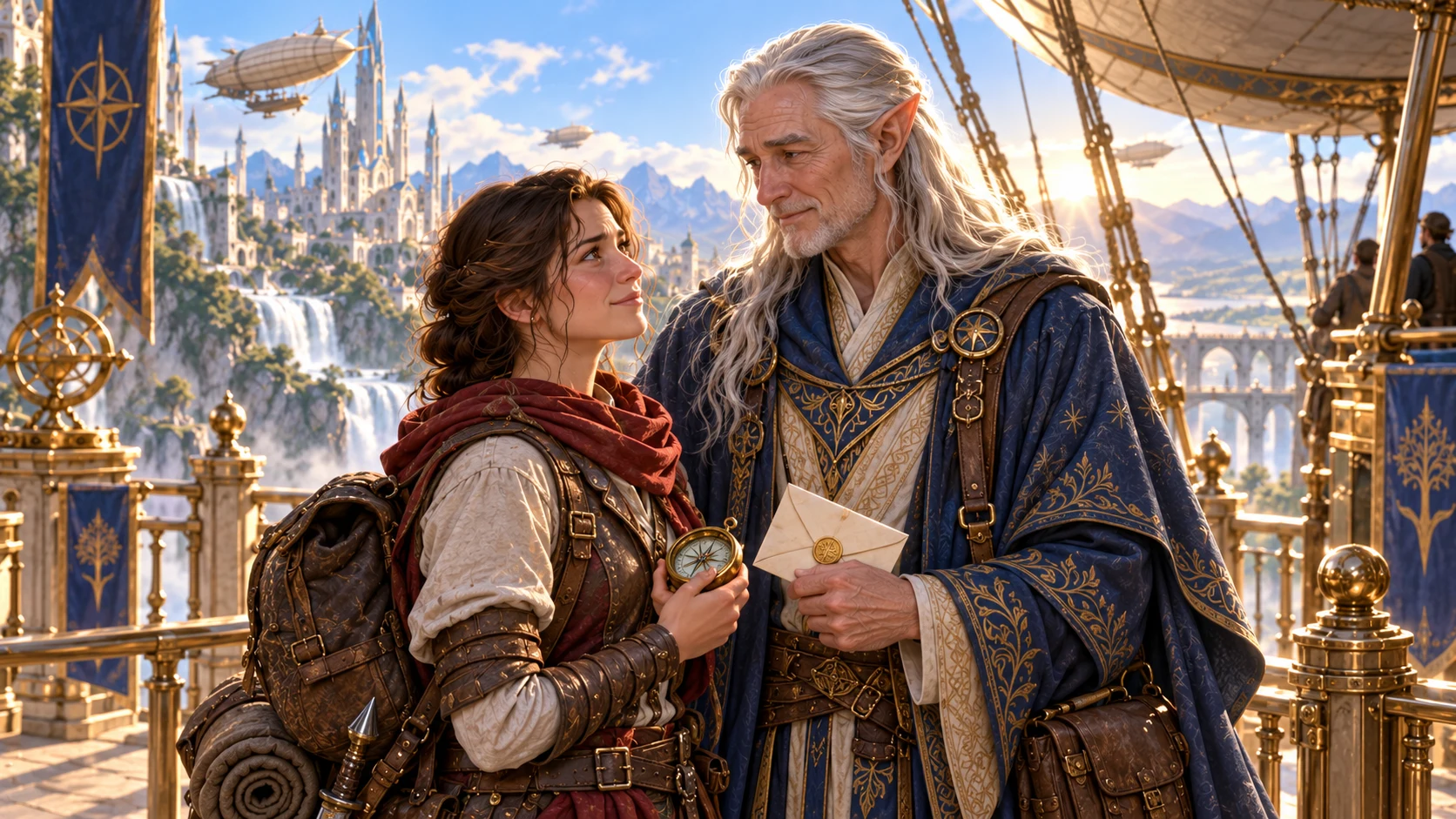A younger adventurer holds a compass beside an older companion carrying a sealed letter on an airship deck above a fantasy city.