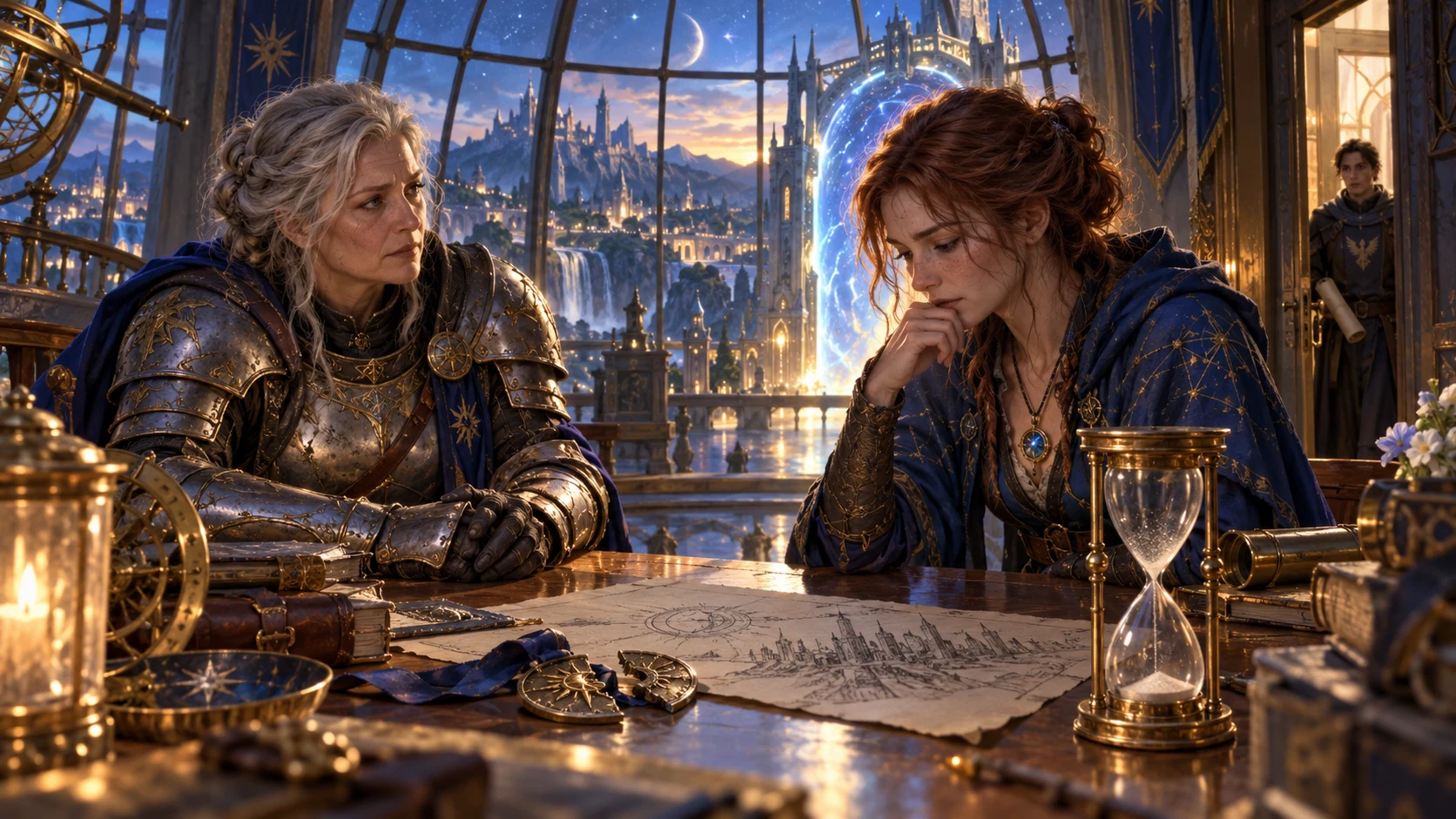 Two armoured companions speak privately over maps and an hourglass in an observatory beside a glowing portal while a visitor waits at the doorway.